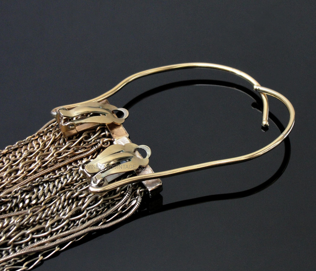 CHANEL 7 INCH BLACK & GOLD OVER EAR OMBRE CHAIN EARRINGS