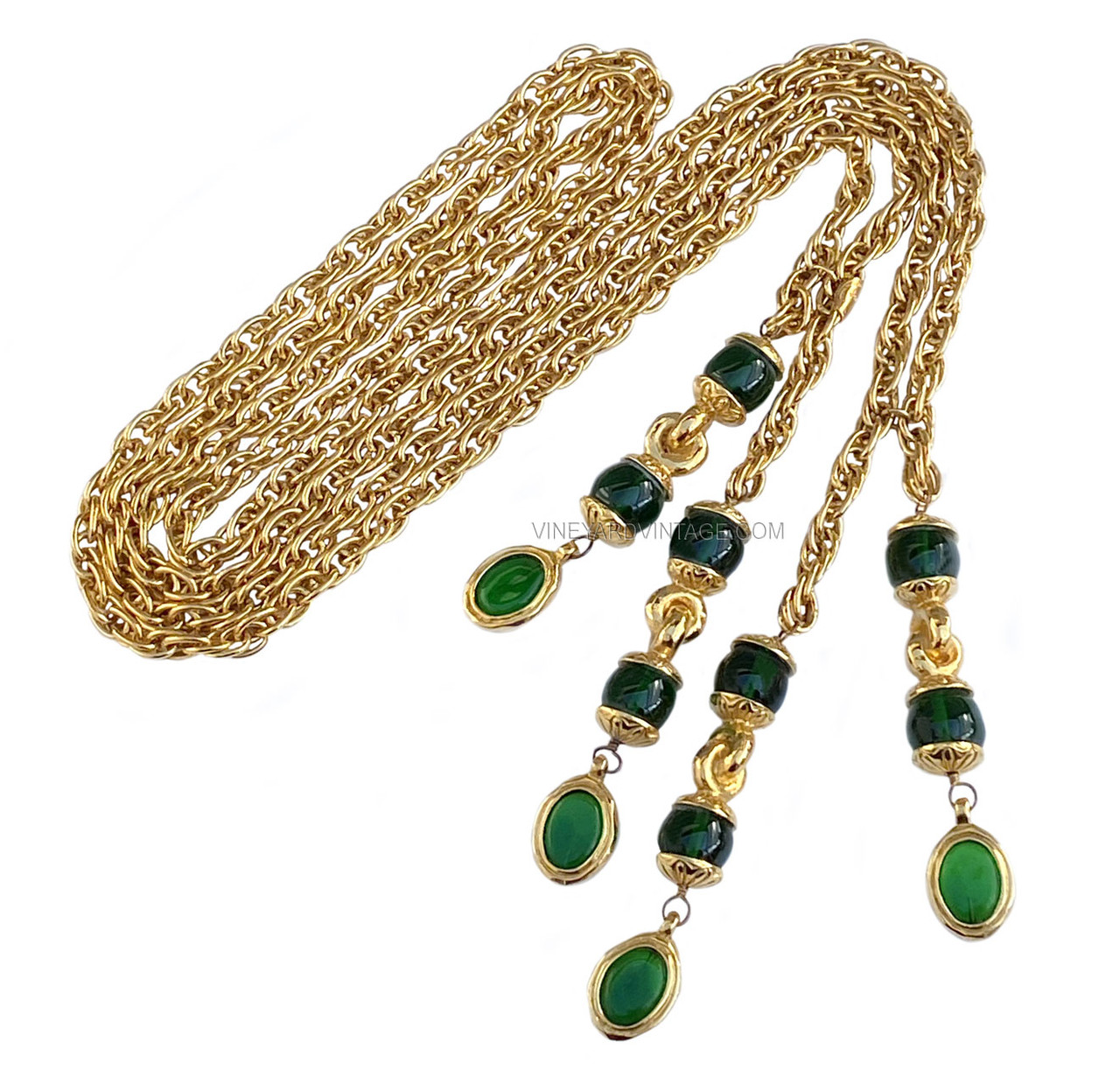 Chanel Ultra Rare 1970's Emerald Green Gripoix Lariat Tassel Necklace