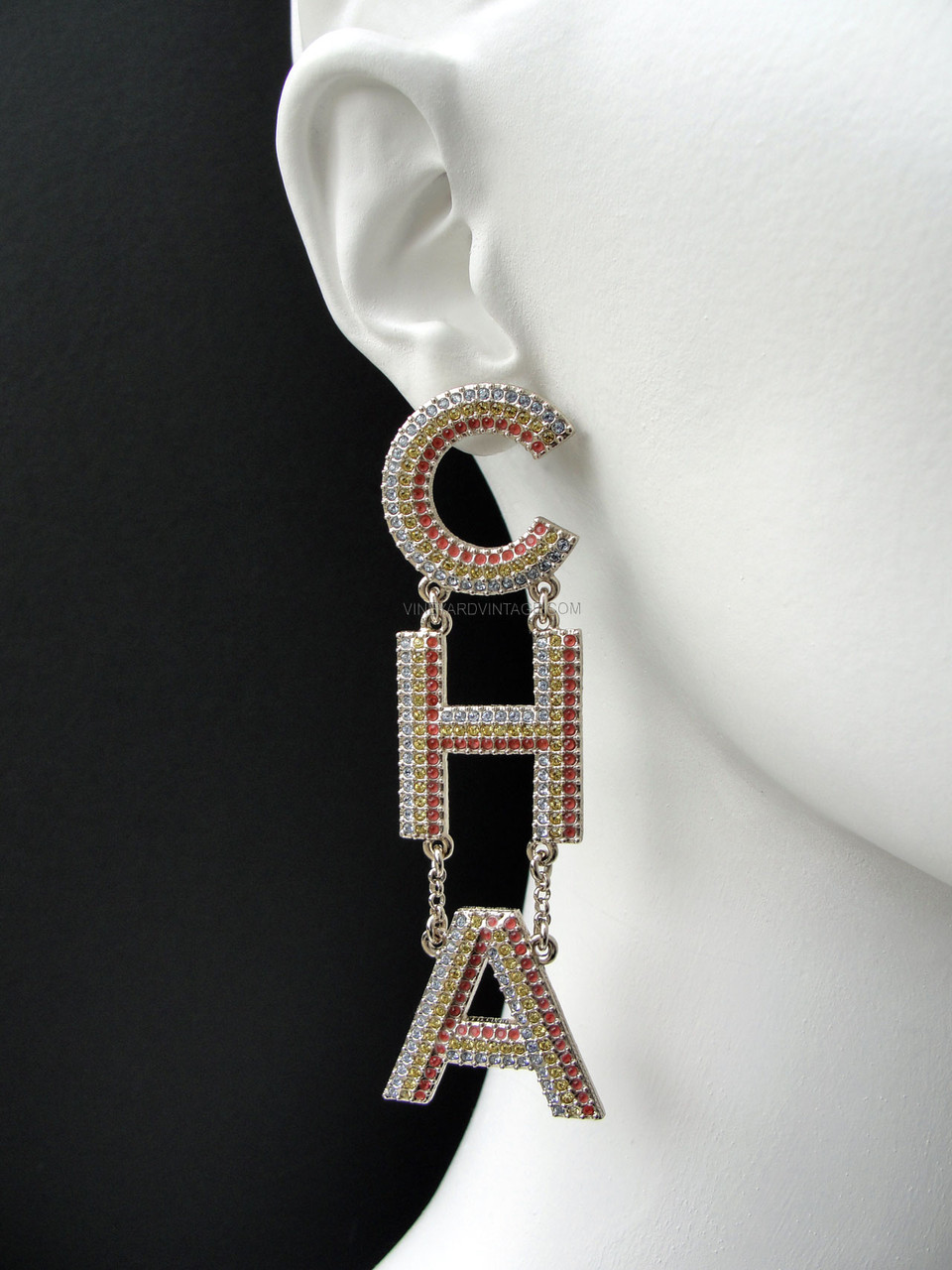 CHANEL ULTRA RARE CRUISE 2023 RAINBOW CRYSTAL LETTER EARRINGS