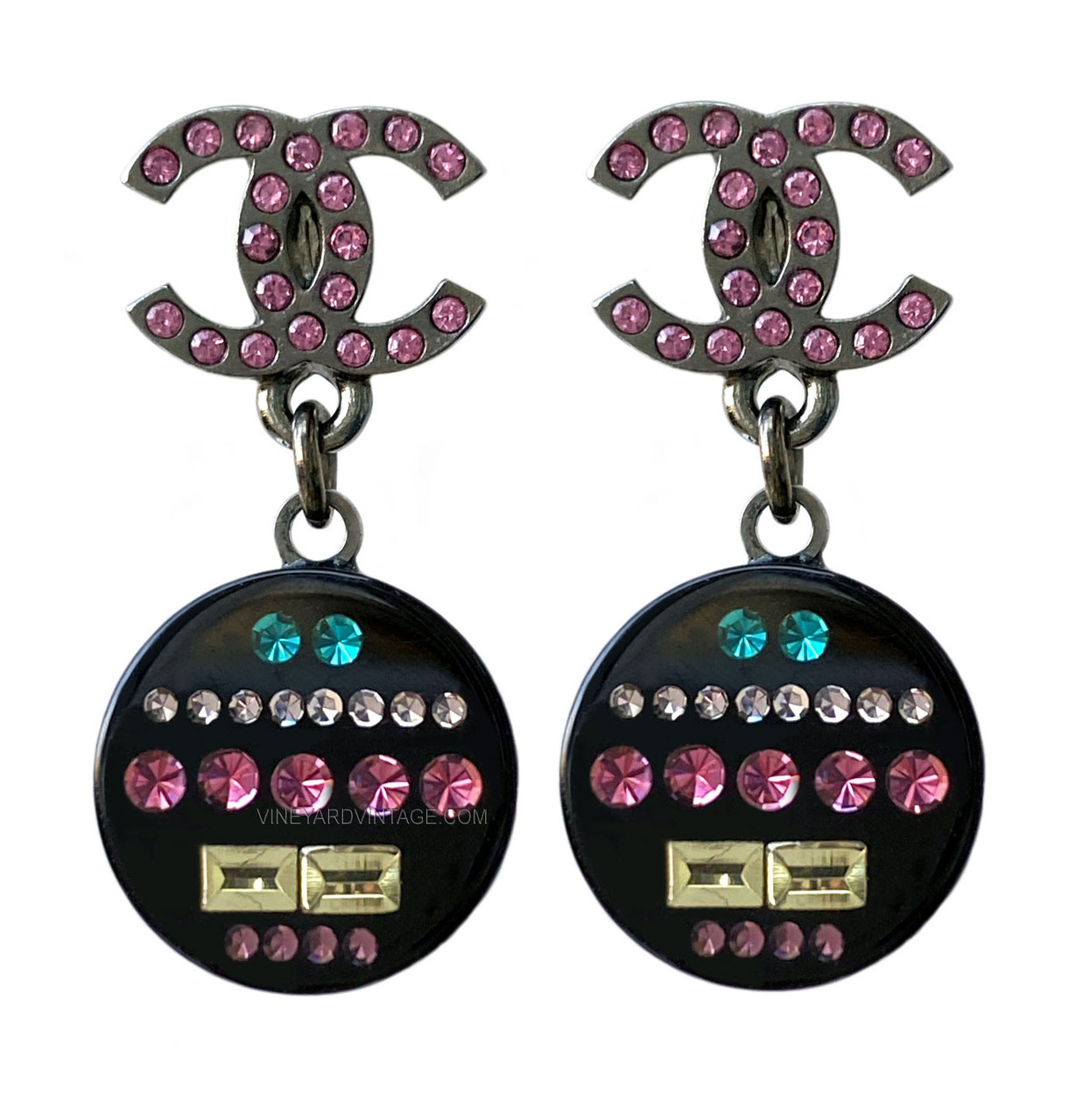 Chanel Mini Hot Pink Crystal Logo & Black Disc Earrings