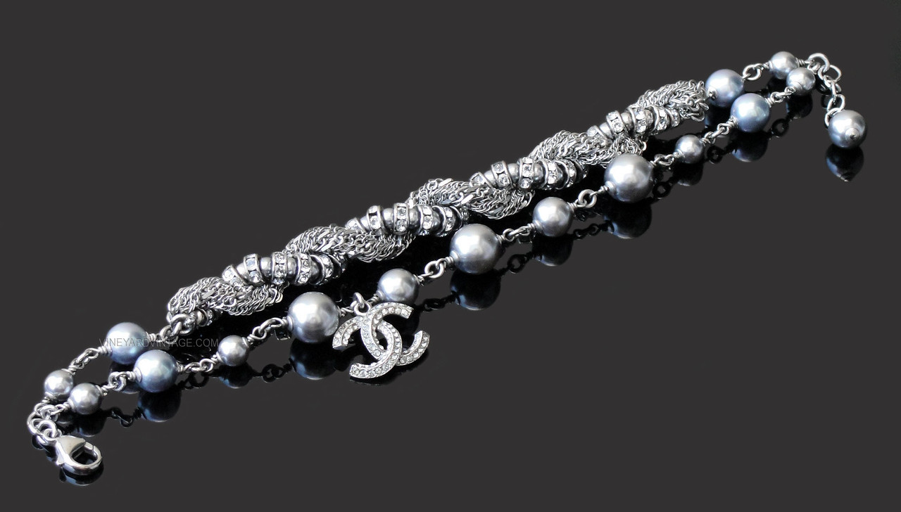 Chanel Double-Strand Pearl & Crystal CC Logo Twist Bracelet