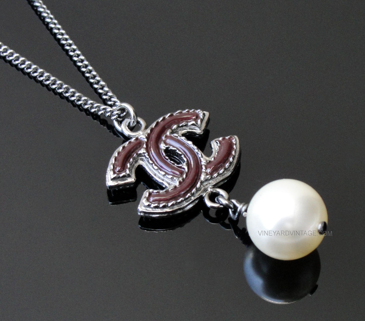CHANEL BURGUNDY CC LOGO w/HANGING PEARL NECKLACE