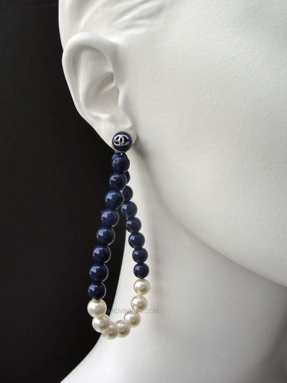 CHANEL BLUE BEAD, PEARL & CC LOGO TWO-WAY EARRINGS