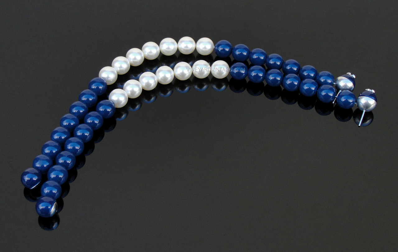 CHANEL BLUE BEAD, PEARL & CC LOGO TWO-WAY EARRINGS