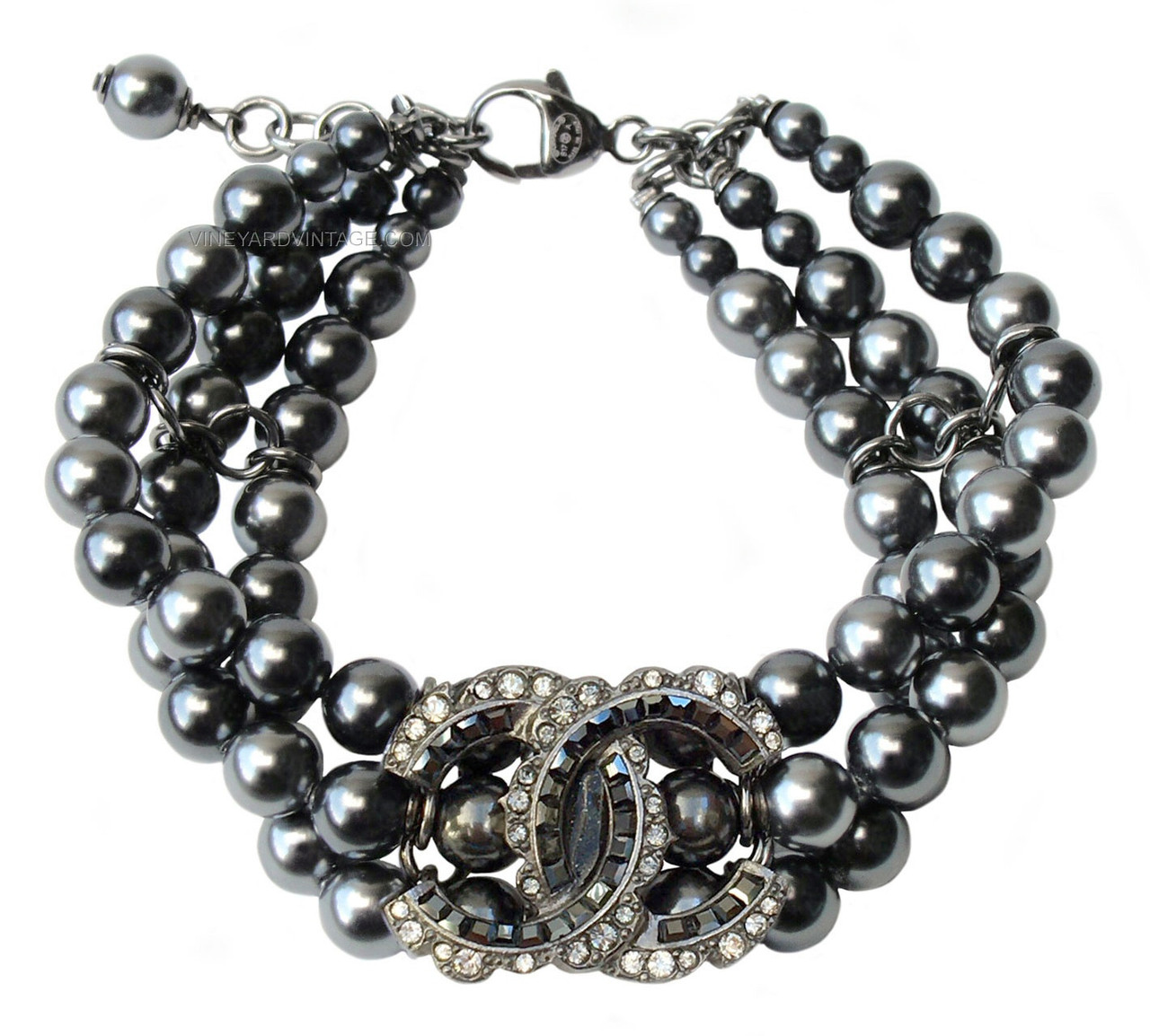 CHANEL TRIPLE STRAND STRAND PEARL & CRYSTAL CC LOGO BRACELET