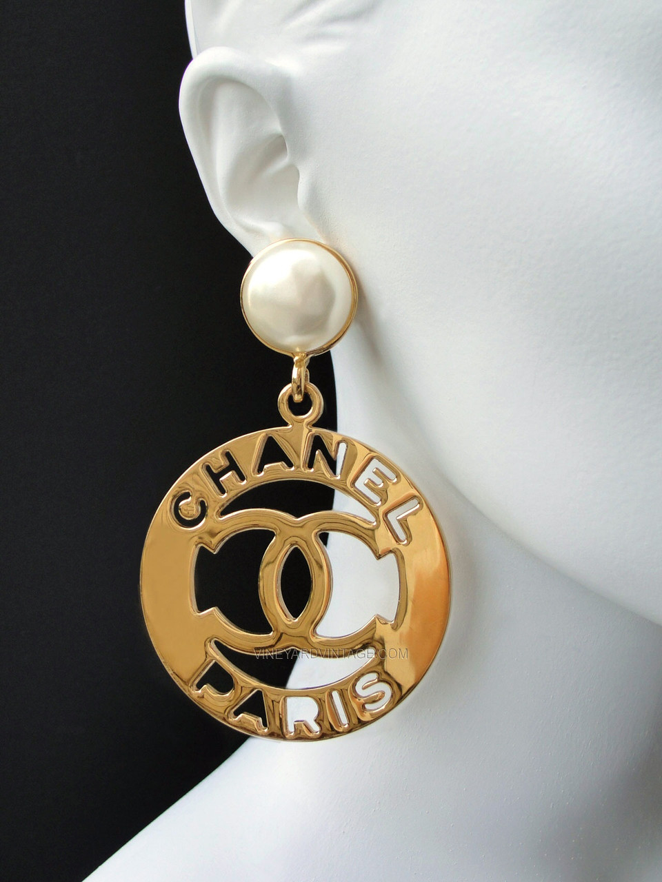 Chanel 2022 Gold/Black Leather Large Hanging CC Earrings