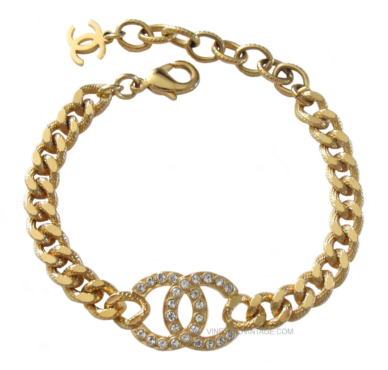 Chanel Crystal CC Logo Textured Chain Link Bracelet