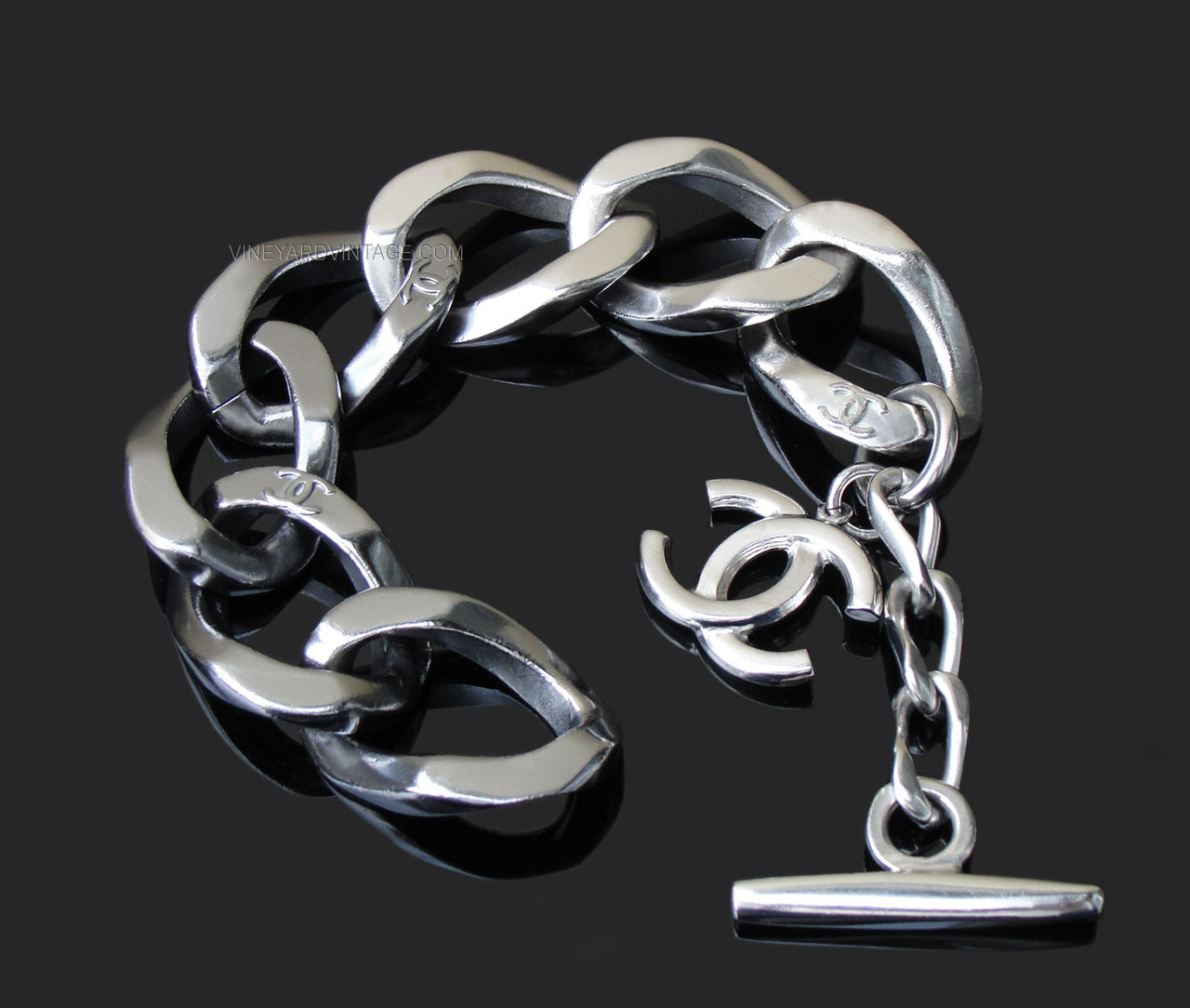 Chanel Thick Link Silver Ombré Toggle Clasp Bracelet as seen on