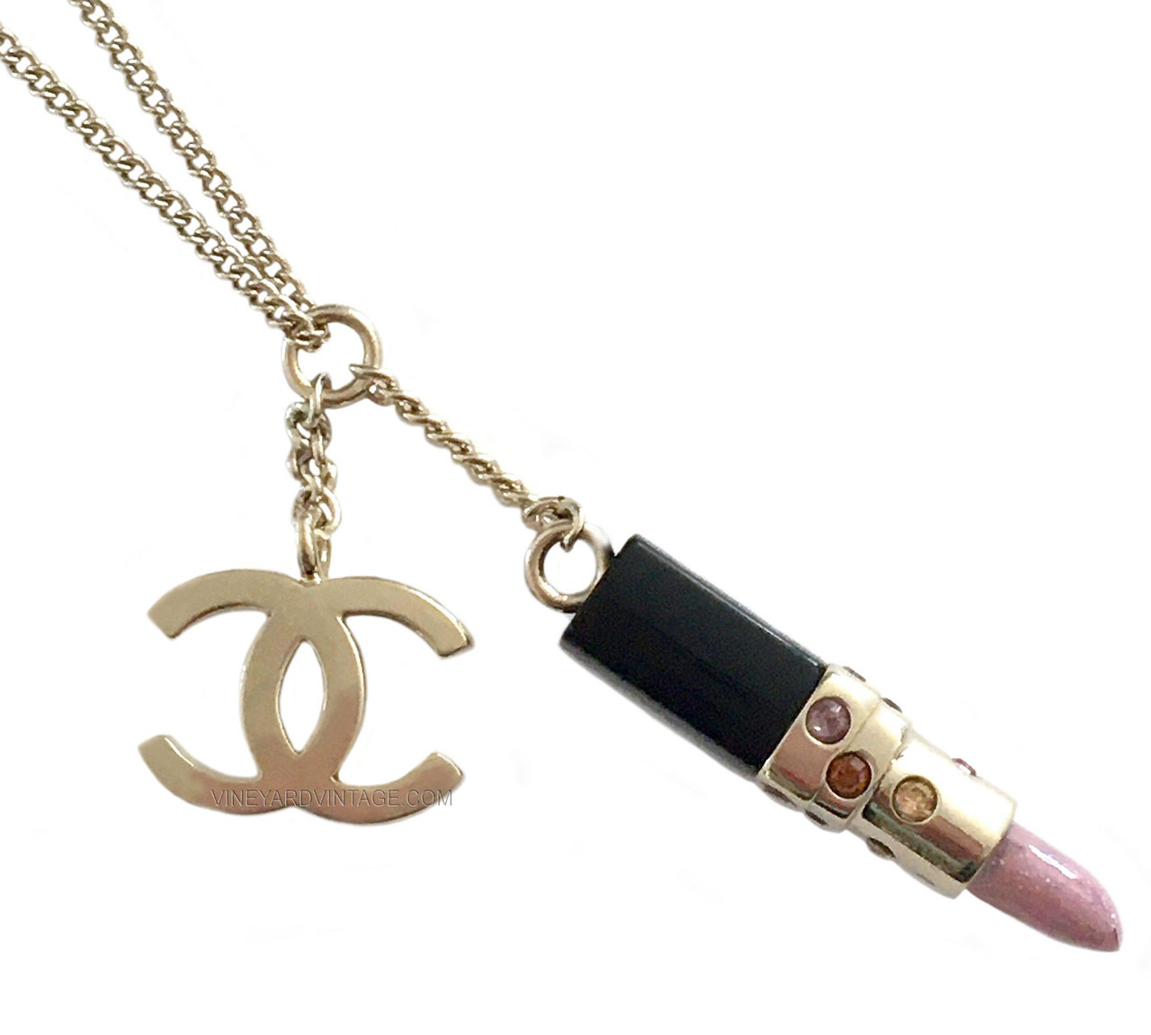 CHANEL PINK LIPSTICK & CC LOGO DOUBLE CHARM NECKLACE