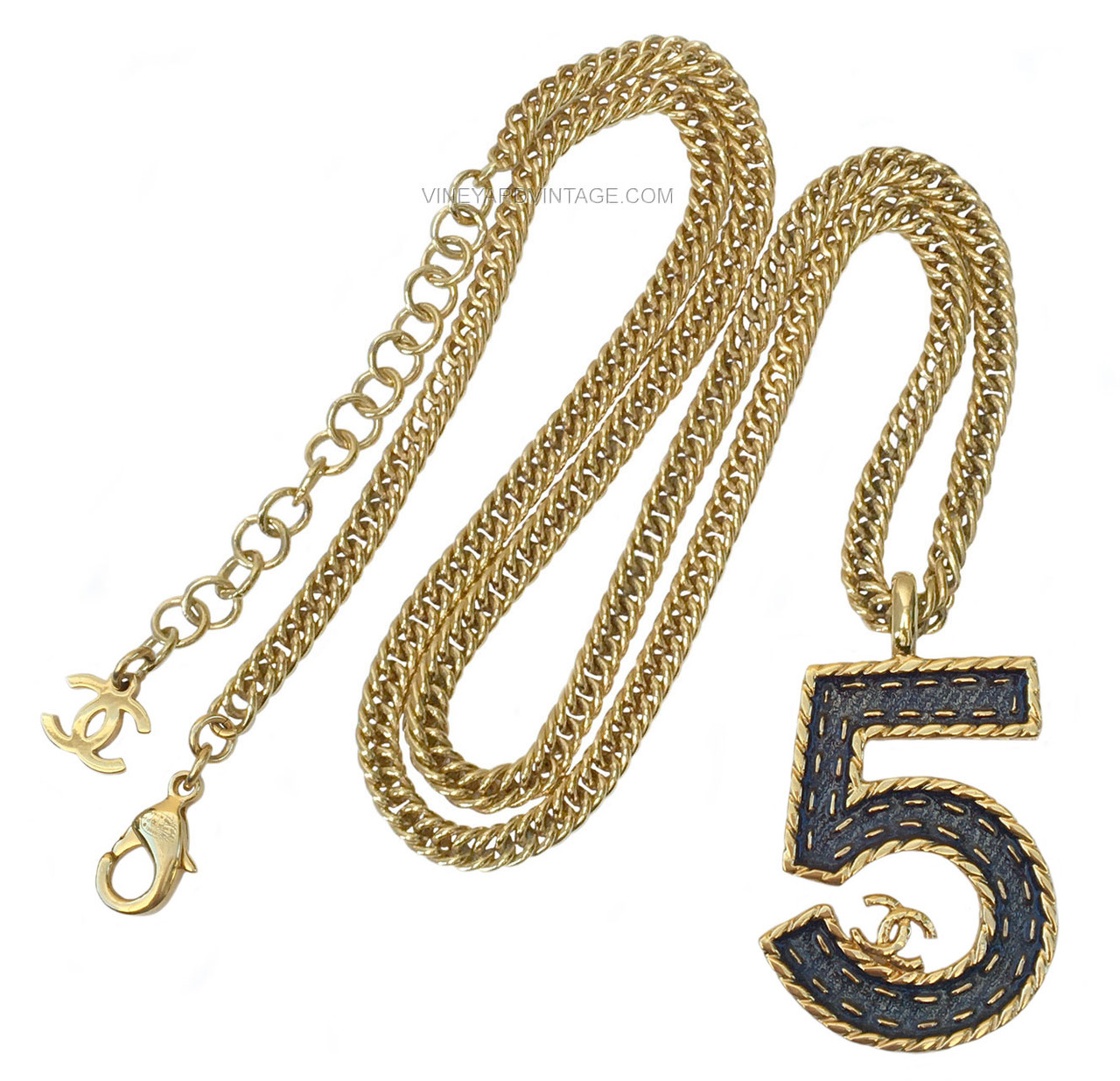 CHANEL BLUE STITCHED DENIM N°5 & FLOATING CC LOGO NECKLACE