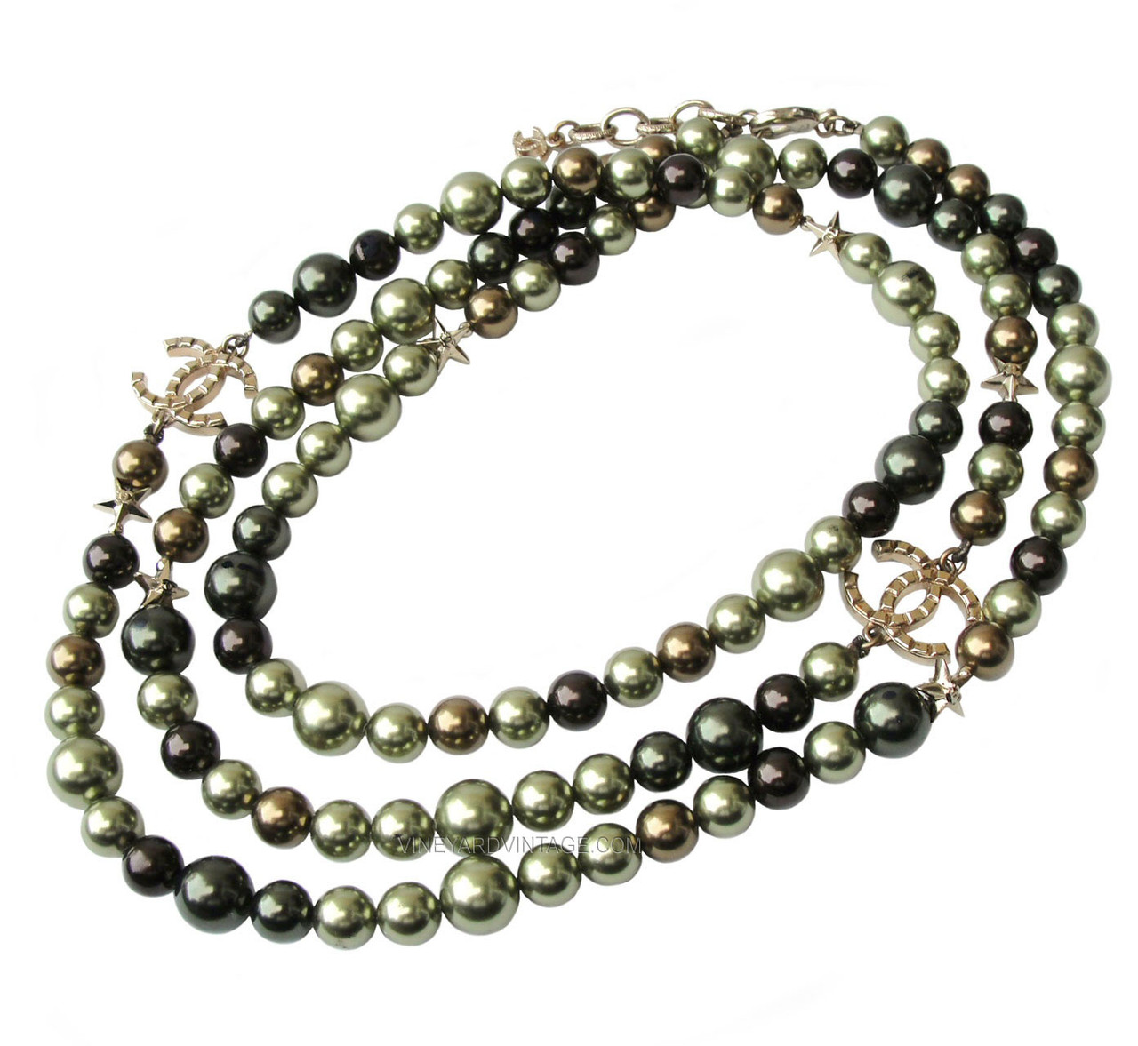CHANEL CUBA CRUISE LONG VARIEGATED GREEN PEARL, STAR & CC LOGO