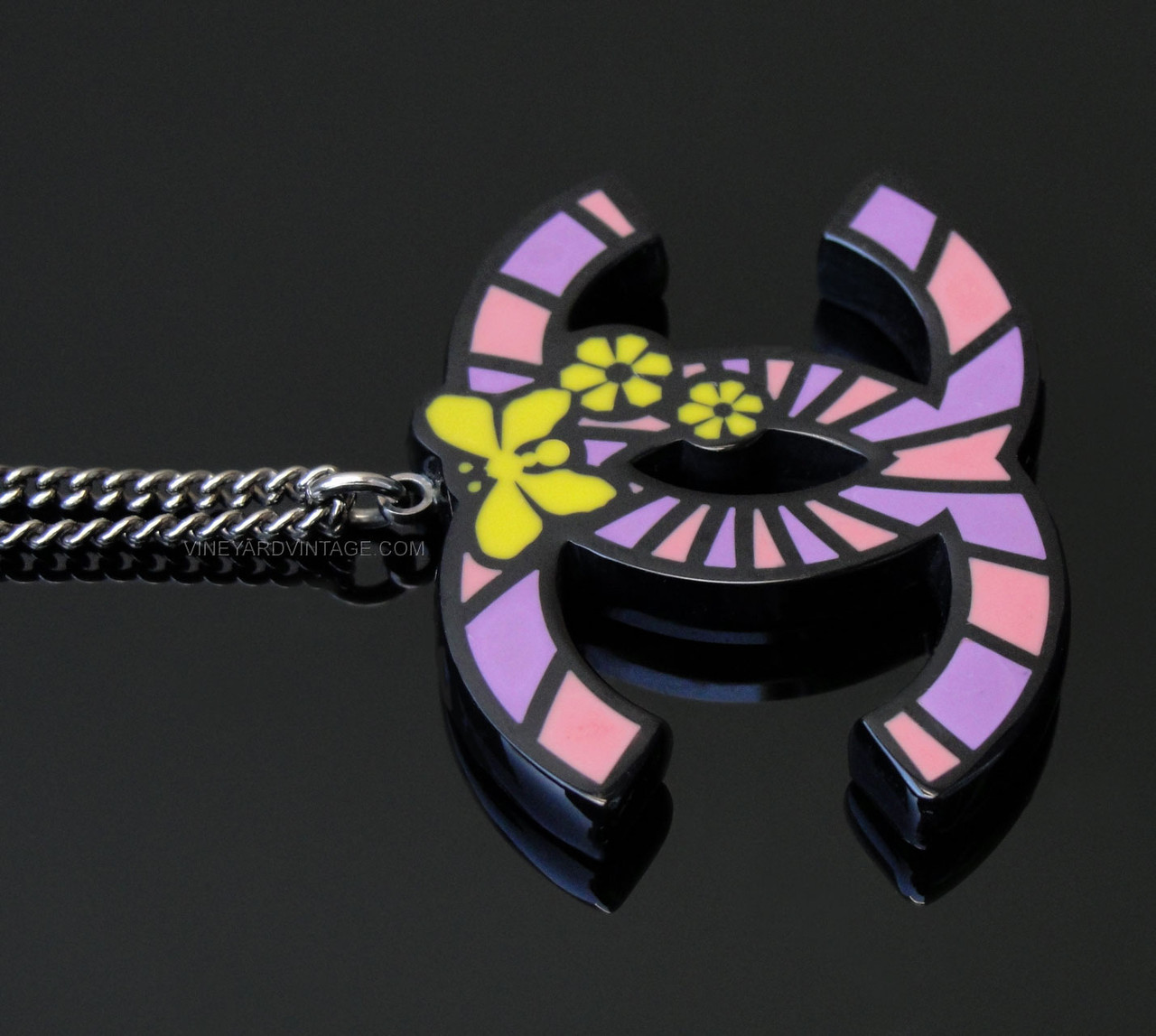 CHANEL PINK, PURPLE & YELLOW BUTTERFLY CC LOGO NECKLACE