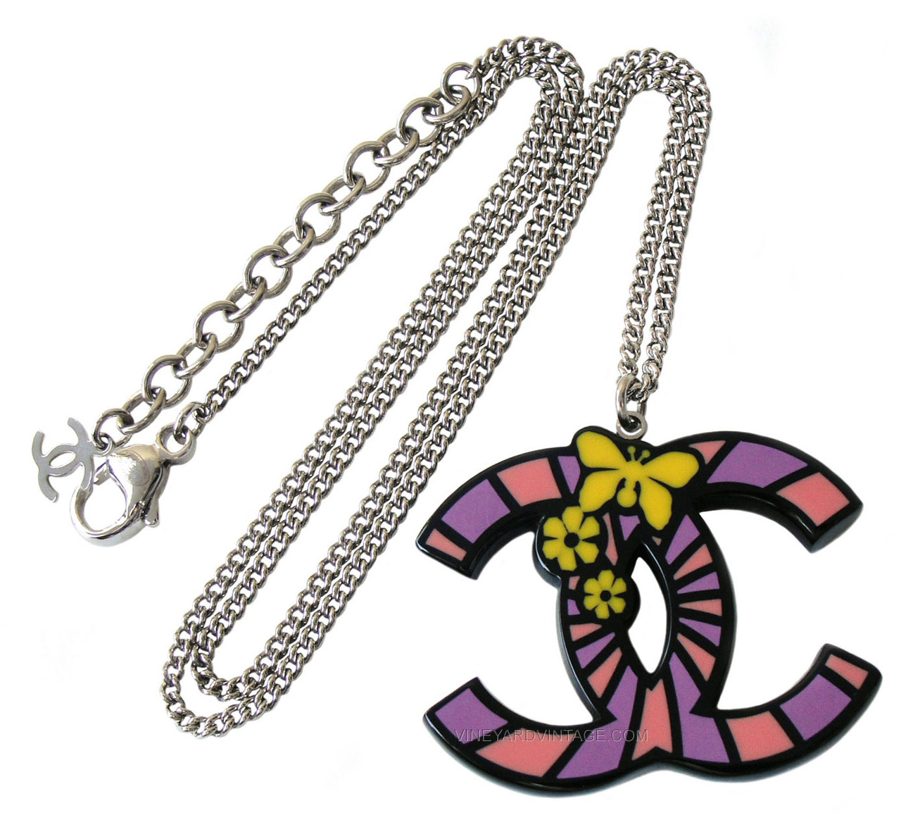 CHANEL PINK, PURPLE & YELLOW BUTTERFLY CC LOGO NECKLACE