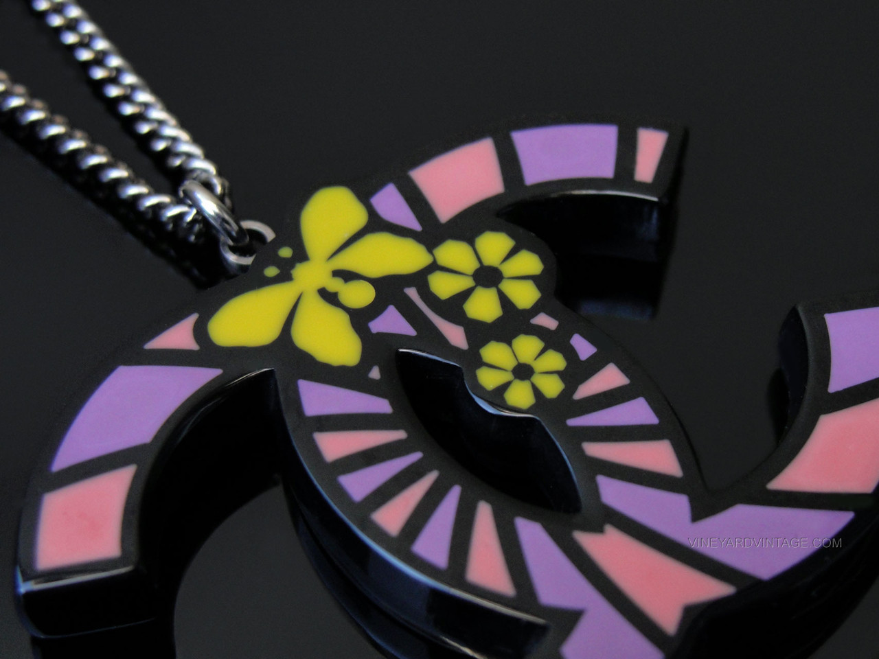 CHANEL PINK, PURPLE & YELLOW BUTTERFLY CC LOGO NECKLACE