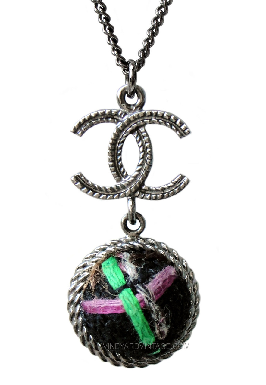 Chanel Gunmetal Two-Way CC Logo & Tweed Ball Necklace