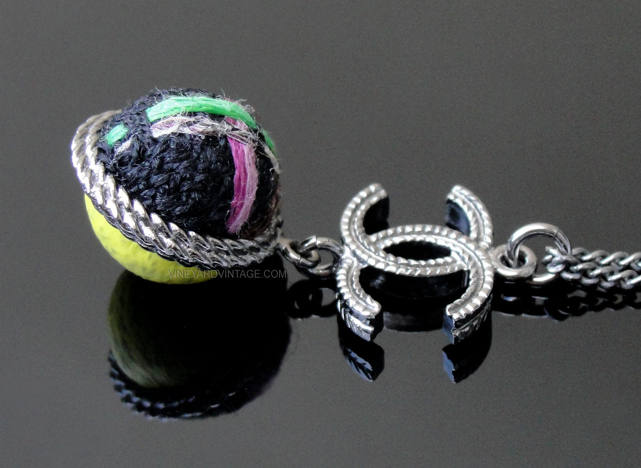 Chanel Gunmetal Two-Way CC Logo & Tweed Ball Necklace