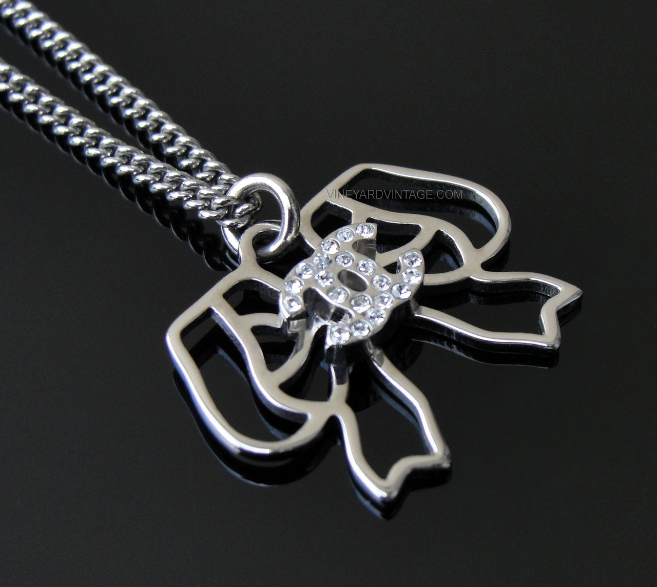 CHANEL OPEN BOW & CRYSTAL CC LOGO NECKLACE