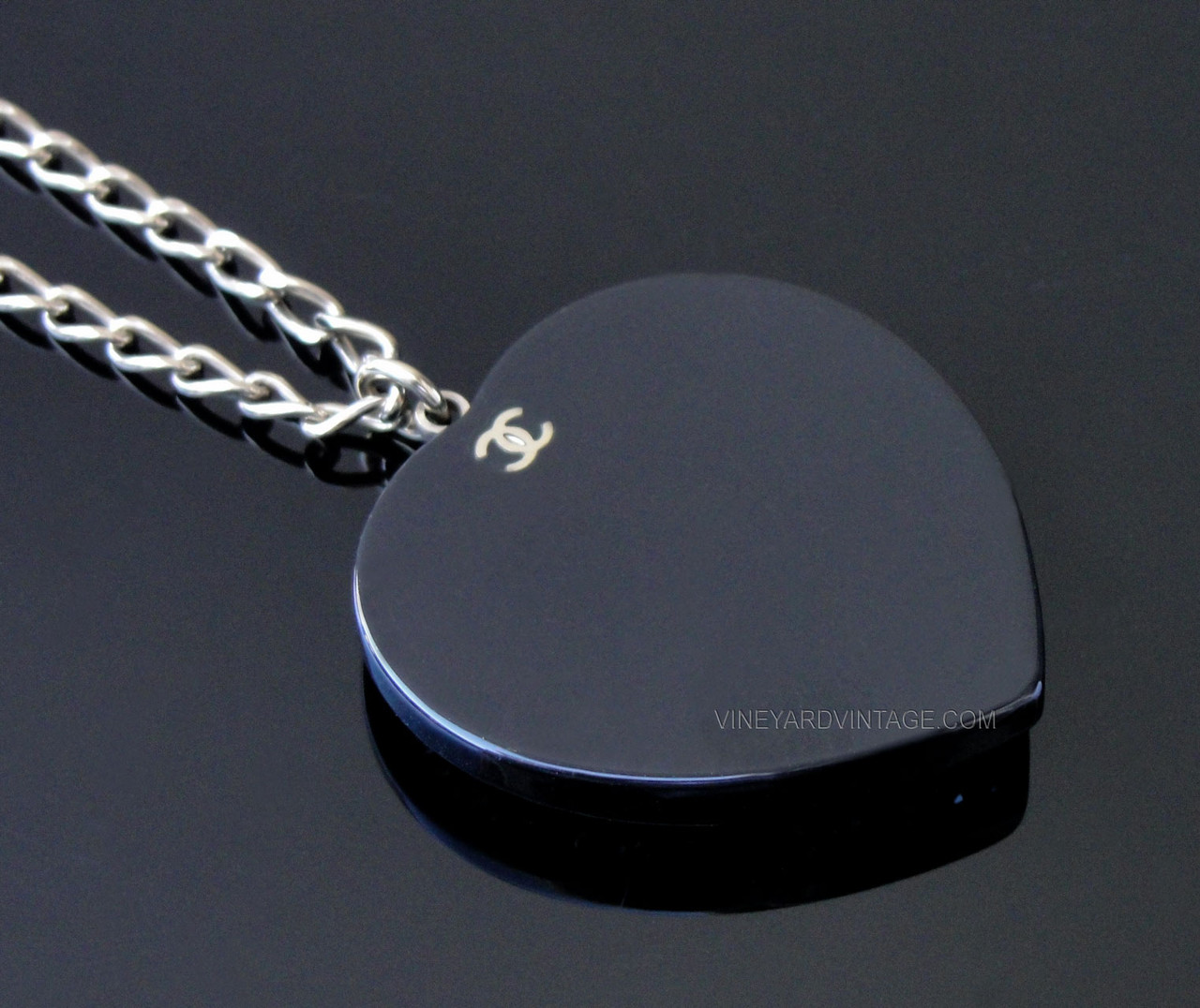 Chanel Black and Silver CC Crystal Heart Pendant Necklace