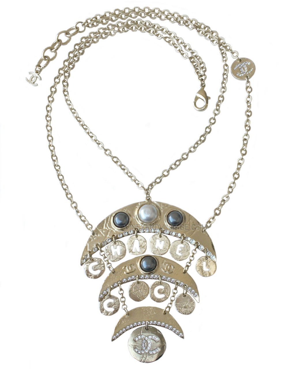 Chanel Paris-Egypt Hammered Disc & Pearl Bib Necklace