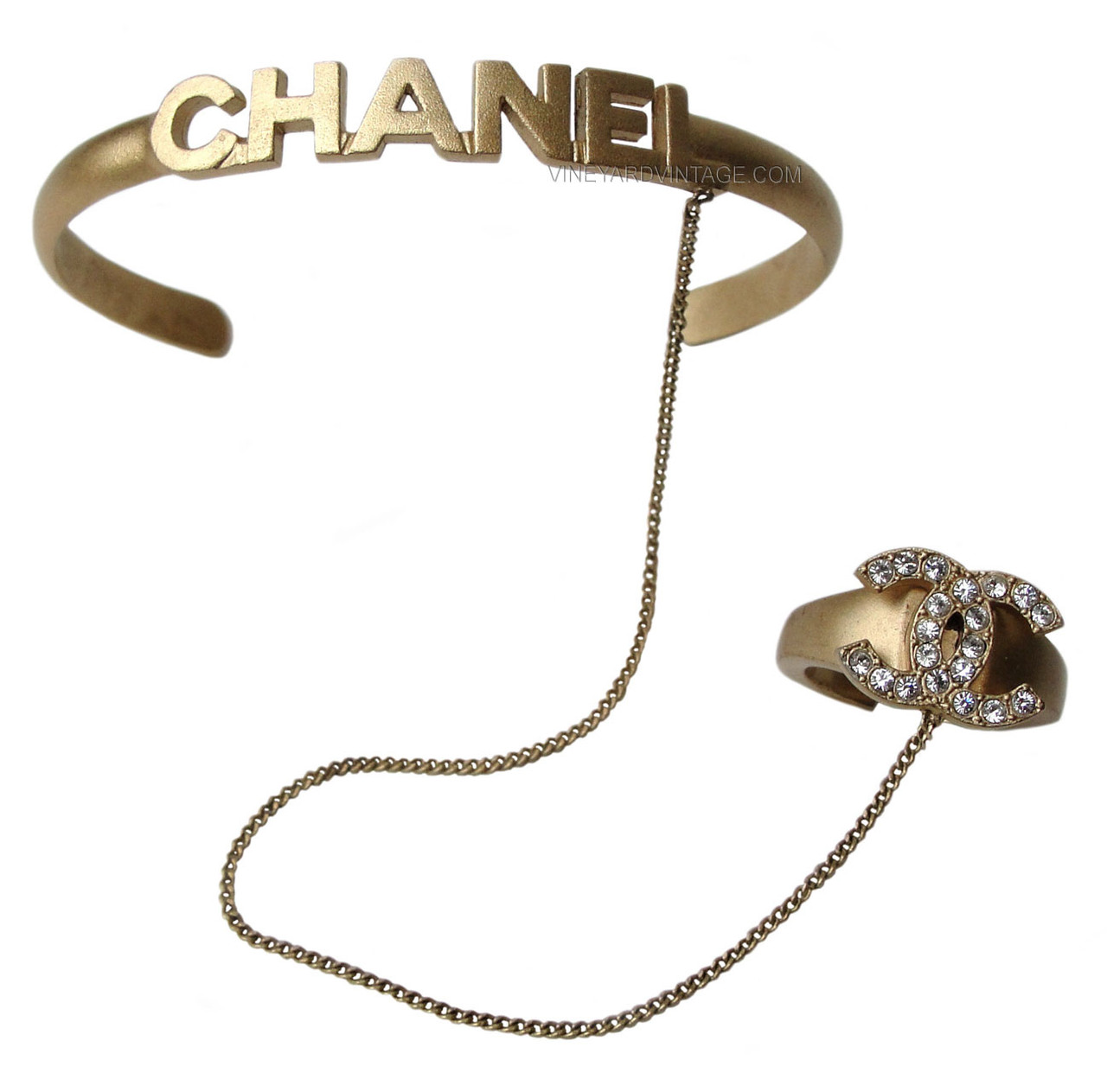 Chanel Rare Crystal CC Ring & Letter Cuff Hand Chain As Seen on Miley Cyrus