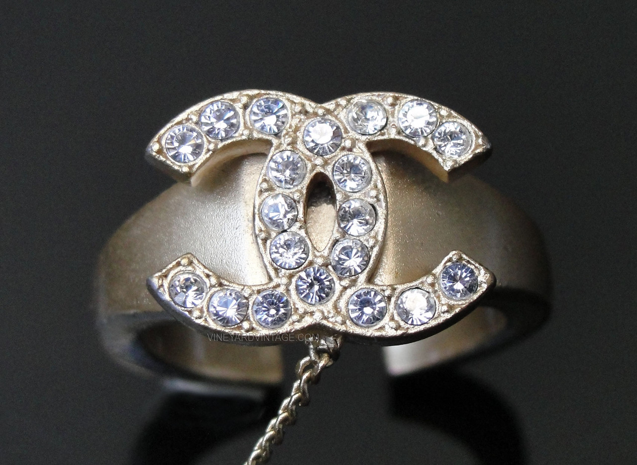 CHANEL RARE CRYSTAL CC RING & LETTER CUFF HAND CHAIN as seen on