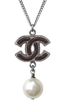 Chanel Burgundy CC Logo w/Hanging Pearl Necklace