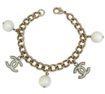 Chanel White Bead & CC Logo Charm Bracelet