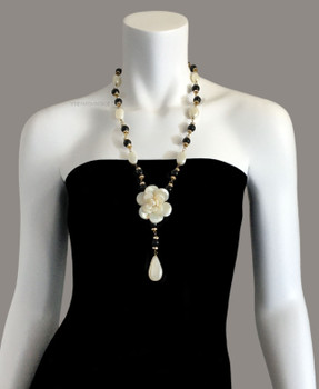 Chanel Very Vintage 1980'S MOP Camellia & Black Bead Lariat Necklace