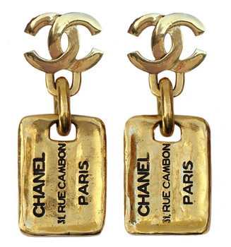 Chanel 31 Rue Cambon Vintage Dog Tag & Logo Earrings