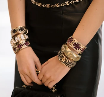 Chanel Runway Four CC Logo & Inlaid Tweed Cuff Bracelet