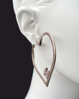 Chanel Pink Crystal Large Heart Shaped & CC Logo Hoop Earrings