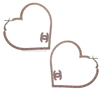 Chanel Pink Crystal Large Heart Shaped & CC Logo Hoop Earrings