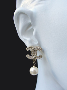 Chanel Crystal & Enamel CC Logo Pearl Drop Earrings