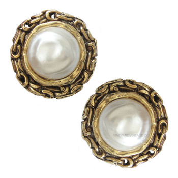 Chanel Very Vintage 1970's Pearl & Chain Border Button Earrings