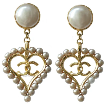 Chanel Rare Very Vintage Pearl Heart & CC Logo Earrings as seen on Kris Jenner