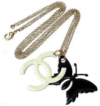 Chanel Oversized Enamel Butterfly & CC Logo Double-Sided Charm Necklace