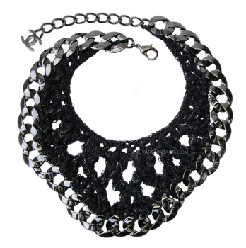 Chanel Black Tweed & Chain Link Bib Necklace