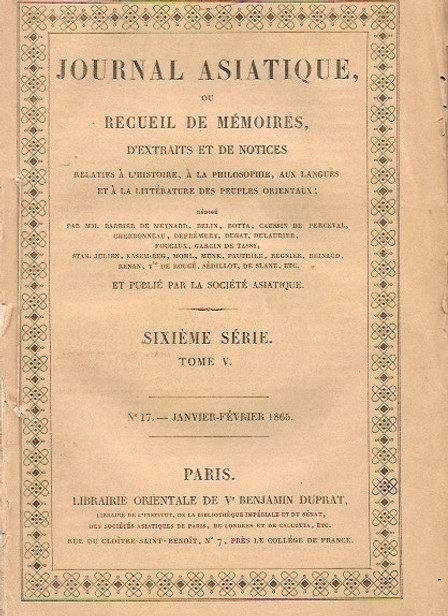 Journal asiatique ou recueil de mémoires d'extraits et de notices - Sixième série Tome V