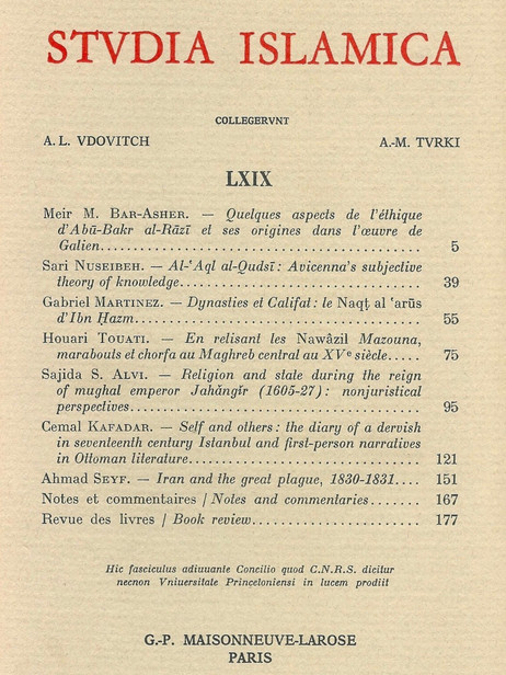 Studia Islamica Éd. A.L. Udovitch & A.M. Turki- Tome LXIX