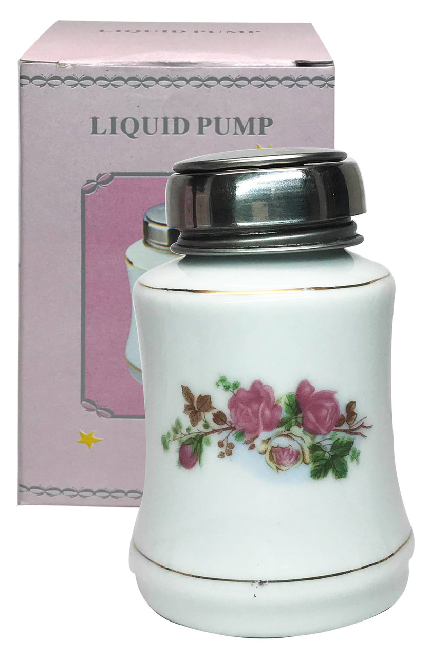 Flower Patterned Porcelain Bottle with Stainless Steel Liquid Pump - 6 oz.