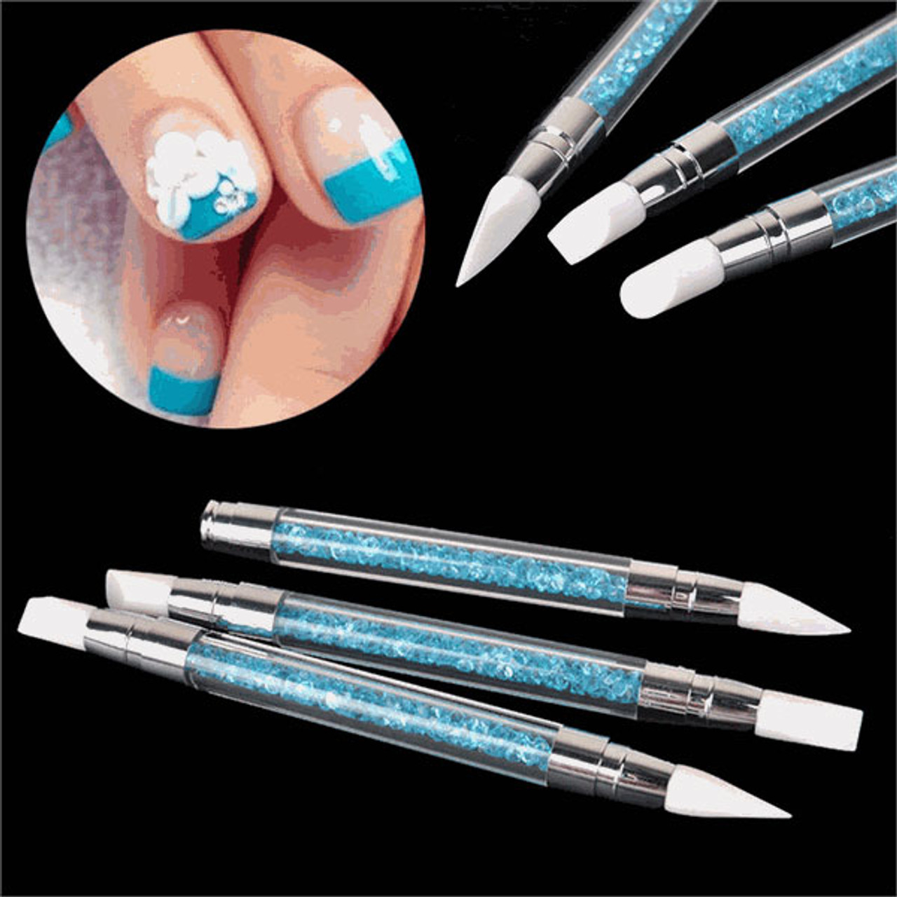 Nail Art Sculpture Pen Silicone for Chrome & Mirror Powder - Acrylic Handle 3 pcs / set