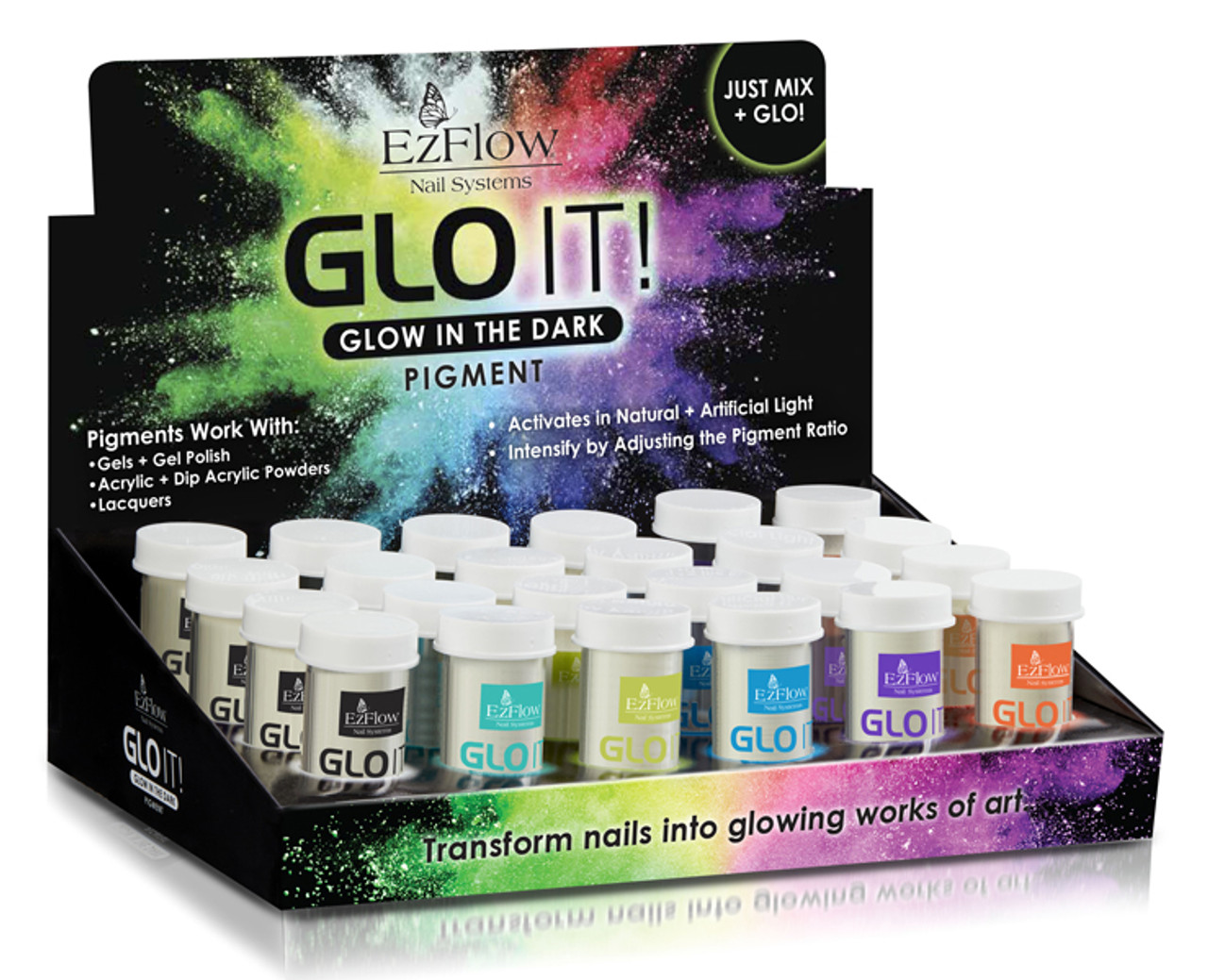 EzFlow Nail Systems GLO IT! Glow in the Dark Pigments 24pc Display