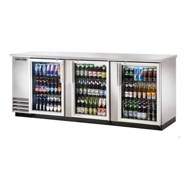 Front view of the True TBB-4G-S-HC-LD 91" Stainless Steel Glass Door Back Bar Cooler