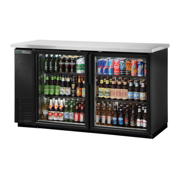 A fully stocked True TBB-24-60G-HC-LD Glass Door Back Bar Cooler