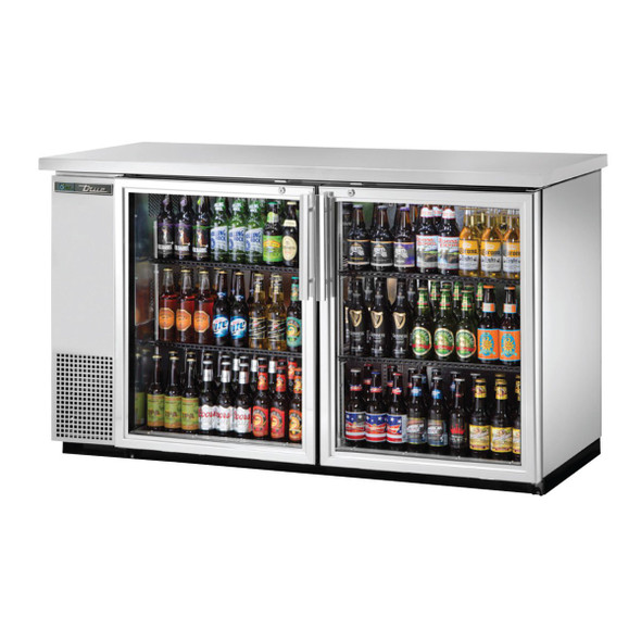 True TBB-24-60G-S-HC-LD Stainless Steel Glass Door Back Bar stocked with drinks