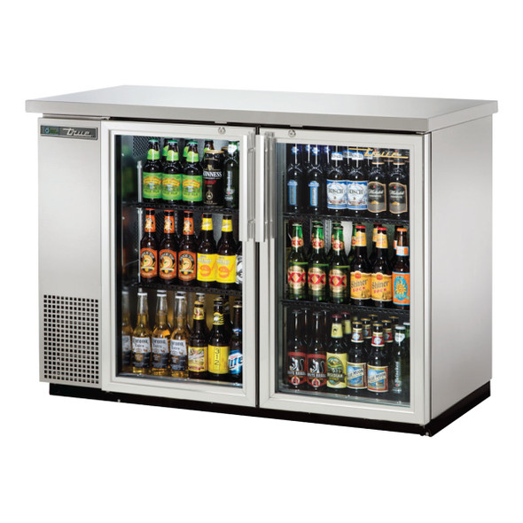 xTrue TBB-24-48G-S-HC-LD Stainless Steel Glass Door Back Bar Cooler with product inside