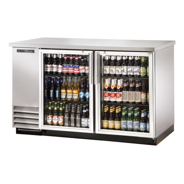 Front side of the True TBB-2G-S-HC-LD Stainless Steel Glass Door Back Bar Cooler