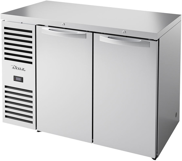 Front angle photo of True&#39;s TBR48-RISZ1-L-S-SS-1
 Food-Rated Back-Bar Cooler