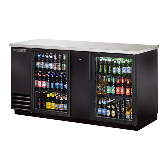 Front angle view of the True TBB-3G-HC-LD 69" Glass Door Back Bar Cooler