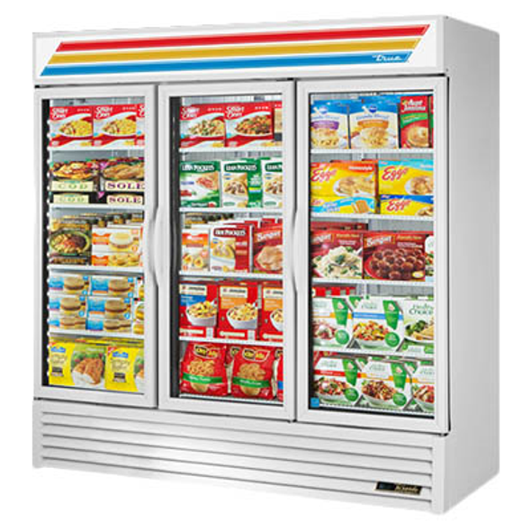 True GDM-72F-HC~TSL01 Glass Swing Three-Door Merchandising Freezer